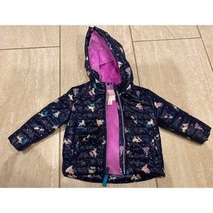 Cat & Jack Size 12m Navy Blue Unicorn Puffer Coat Purple Fleecy/Furry Lining